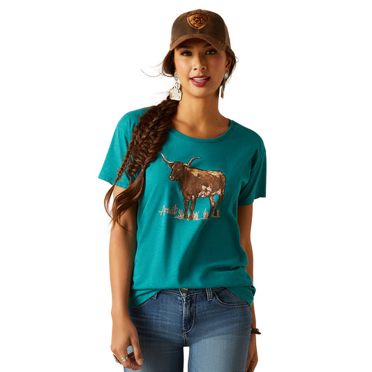 10047920 Ariat Women's Longhorn Watercolour SS T Shirt Teal Green Heather