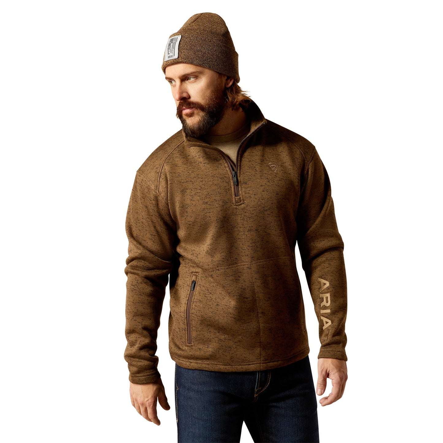 10052972 Ariat Men's Caldwell Logo 1/4 Zip Sweater Dark Brown