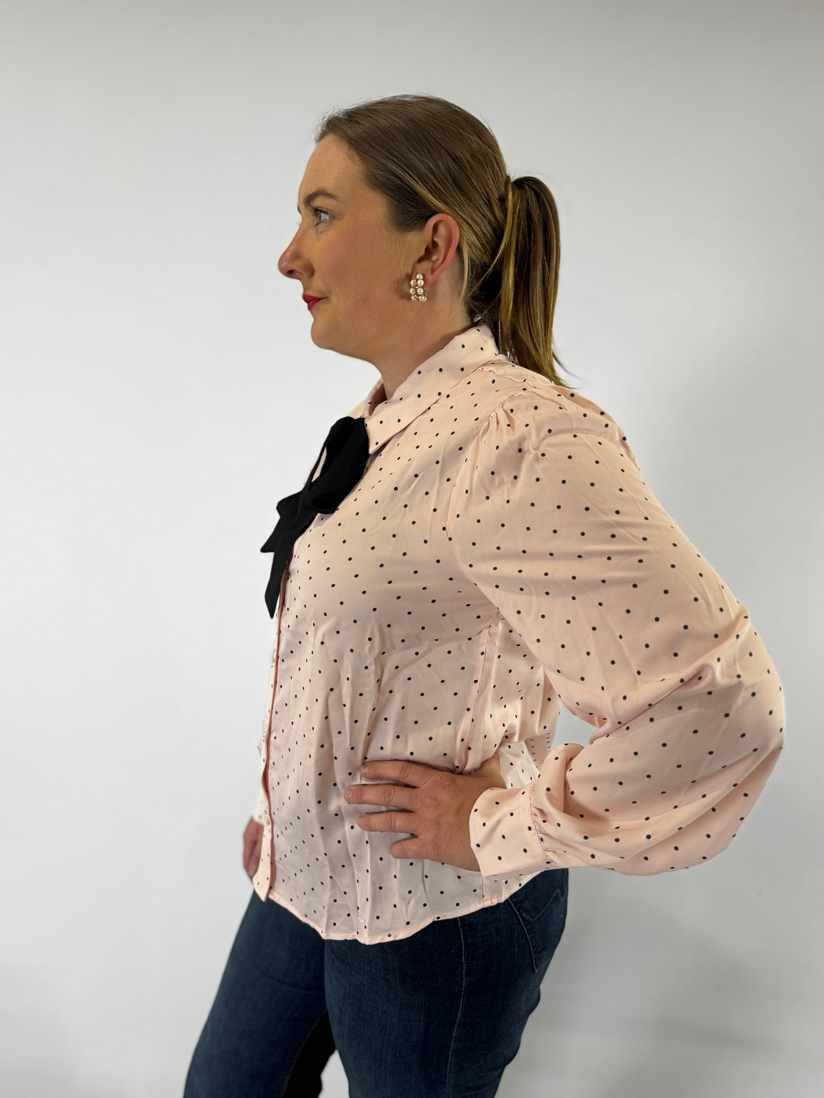 VT81416-A Polka Dot Collared Tie Neck Button Blouse - Blush & Black