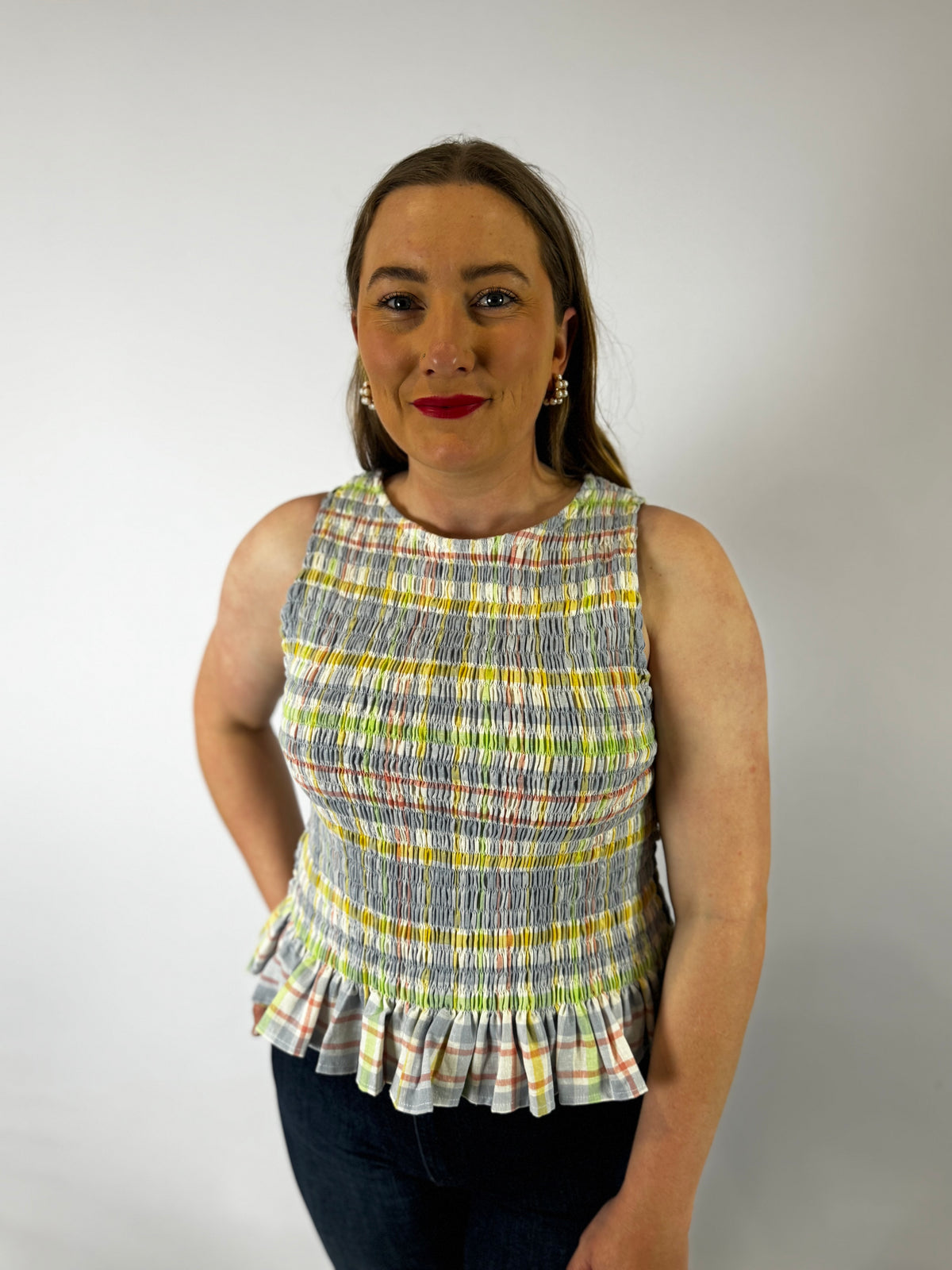 LJC5412 LJC Alma Cotton Shirred Top - Blue Plaid