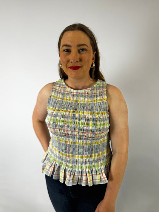 LJC5412 LJC Alma Cotton Shirred Top - Blue Plaid