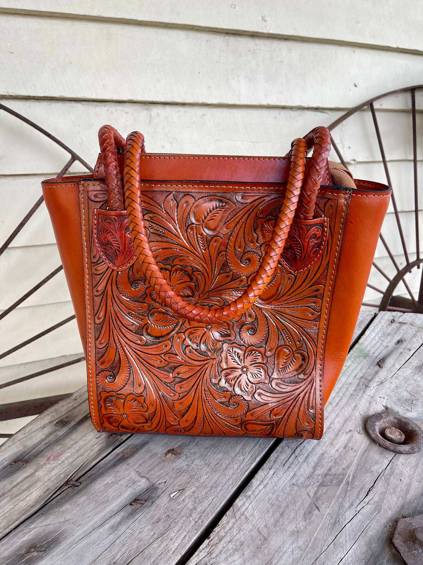 KBG338B USA Burnt Sunkissed Tooled Leather Handbag