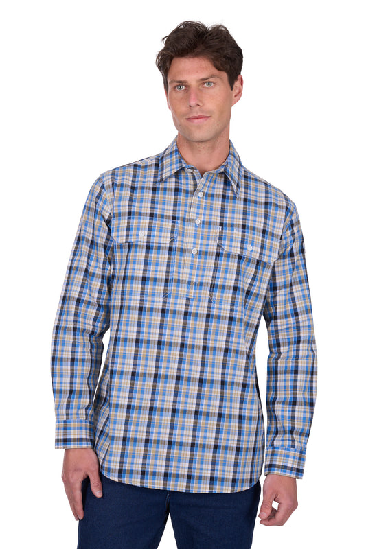 H5S1126185 Hard Slog Men's Gibson 1/2 PLKT LS Shirt  Blue/ Tan