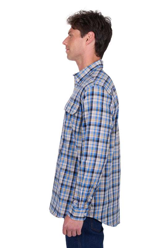 H5S1126185 Hard Slog Men's Gibson 1/2 PLKT LS Shirt  Blue/ Tan