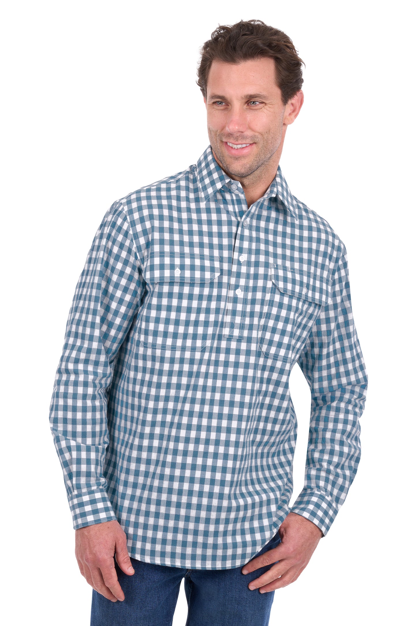 H6S1126185 Hard Slog Men's River 1/2 PLKT LS Shirt Teal