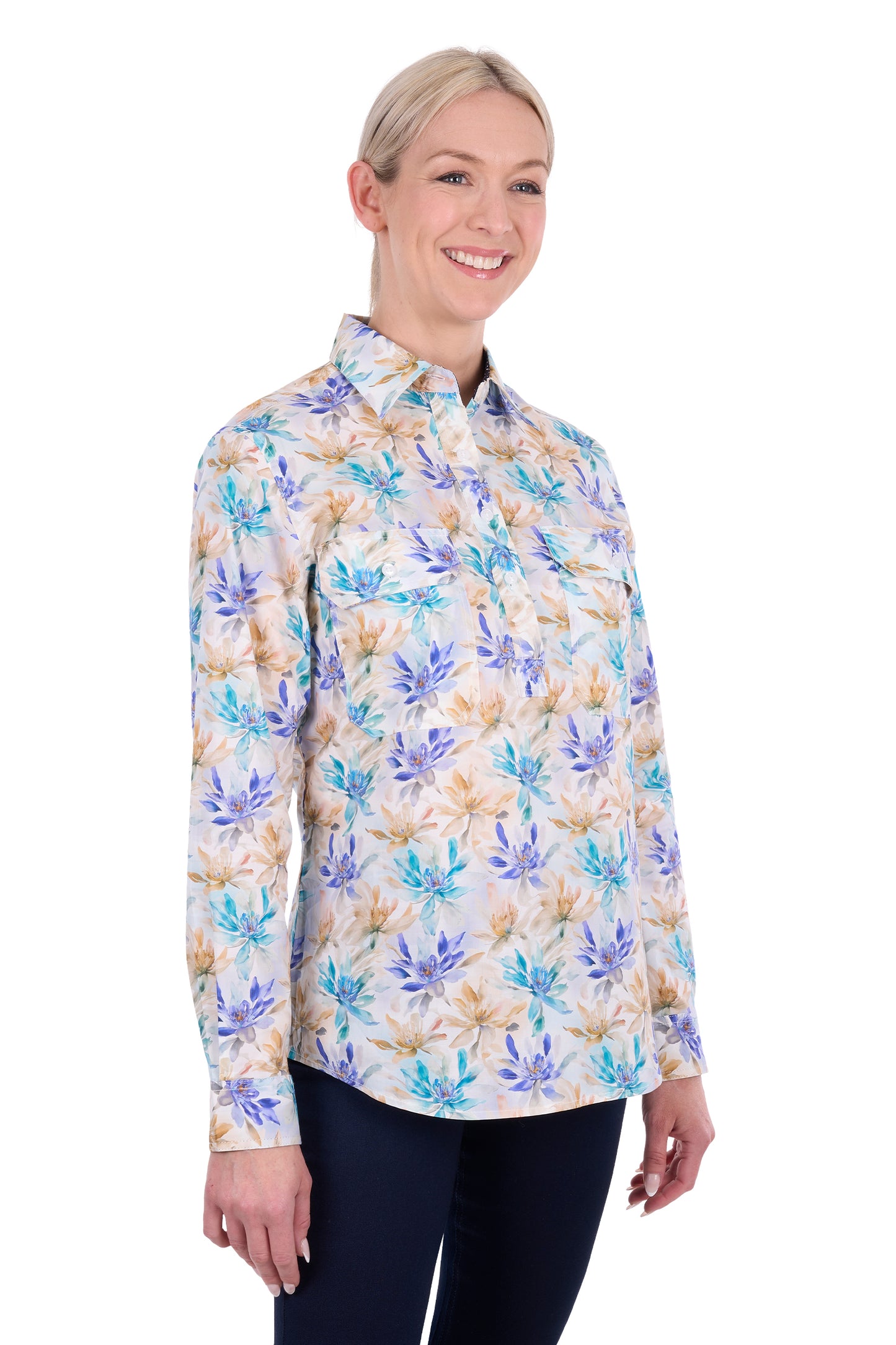 H6S2101123 Hard Slog Women's Meadow 1/2 PLKT LS Shirt Blue Multi