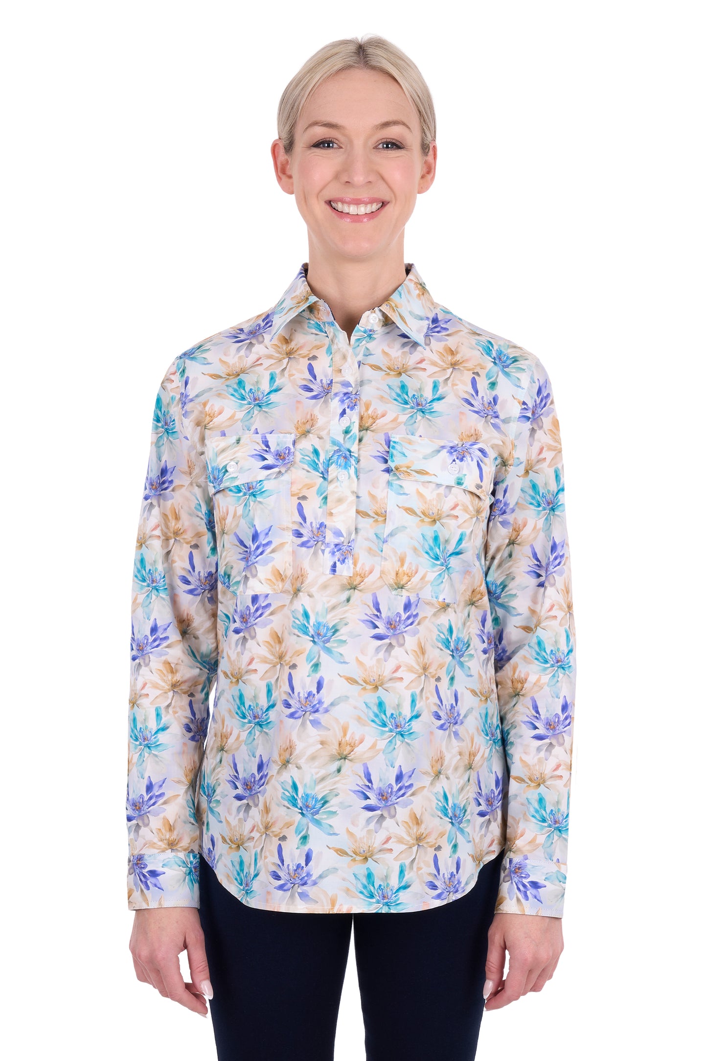 H6S2101123 Hard Slog Women's Meadow 1/2 PLKT LS Shirt Blue Multi