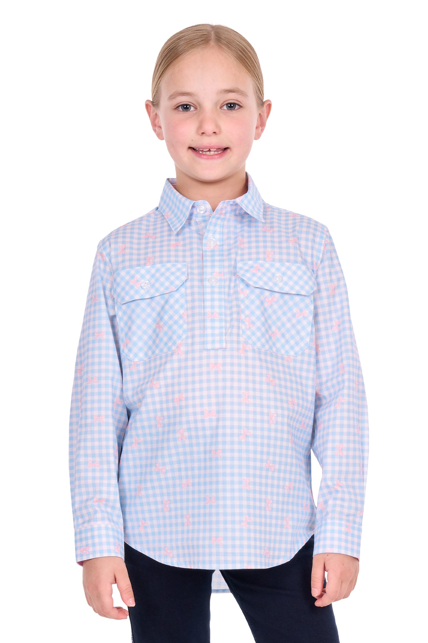 H6S7101156 Hard Slog Kid's Lillia 1/2 PLKT LS Shirt Pale Blue/Pink