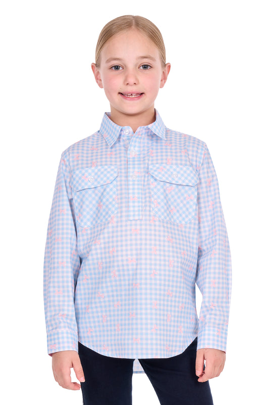 H6S7101156 Hard Slog Kid's Lillia 1/2 PLKT LS Shirt Pale Blue/Pink