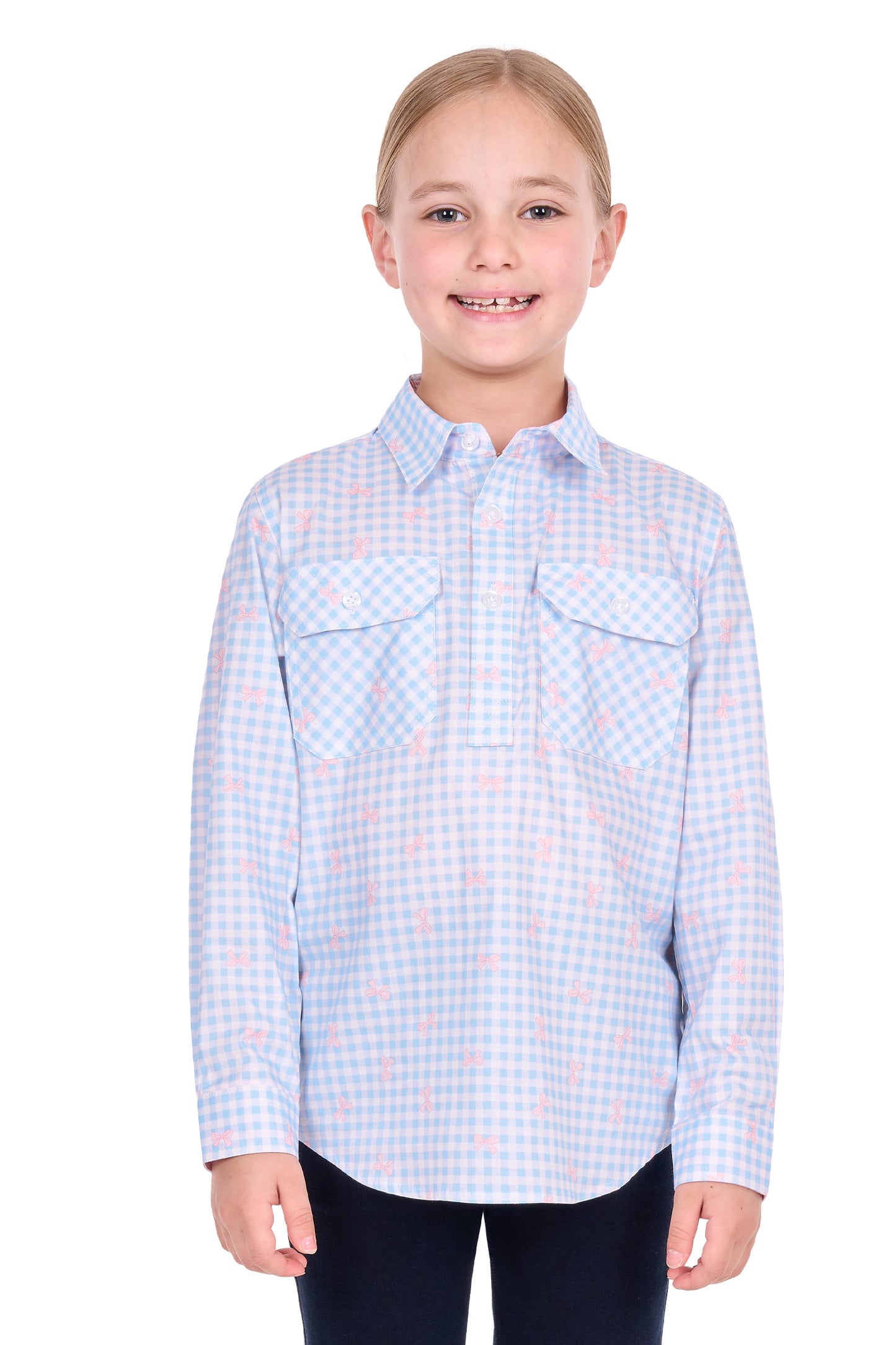 H6S7101156 Hard Slog Kid's Lillia 1/2 PLKT LS Shirt Pale Blue/Pink