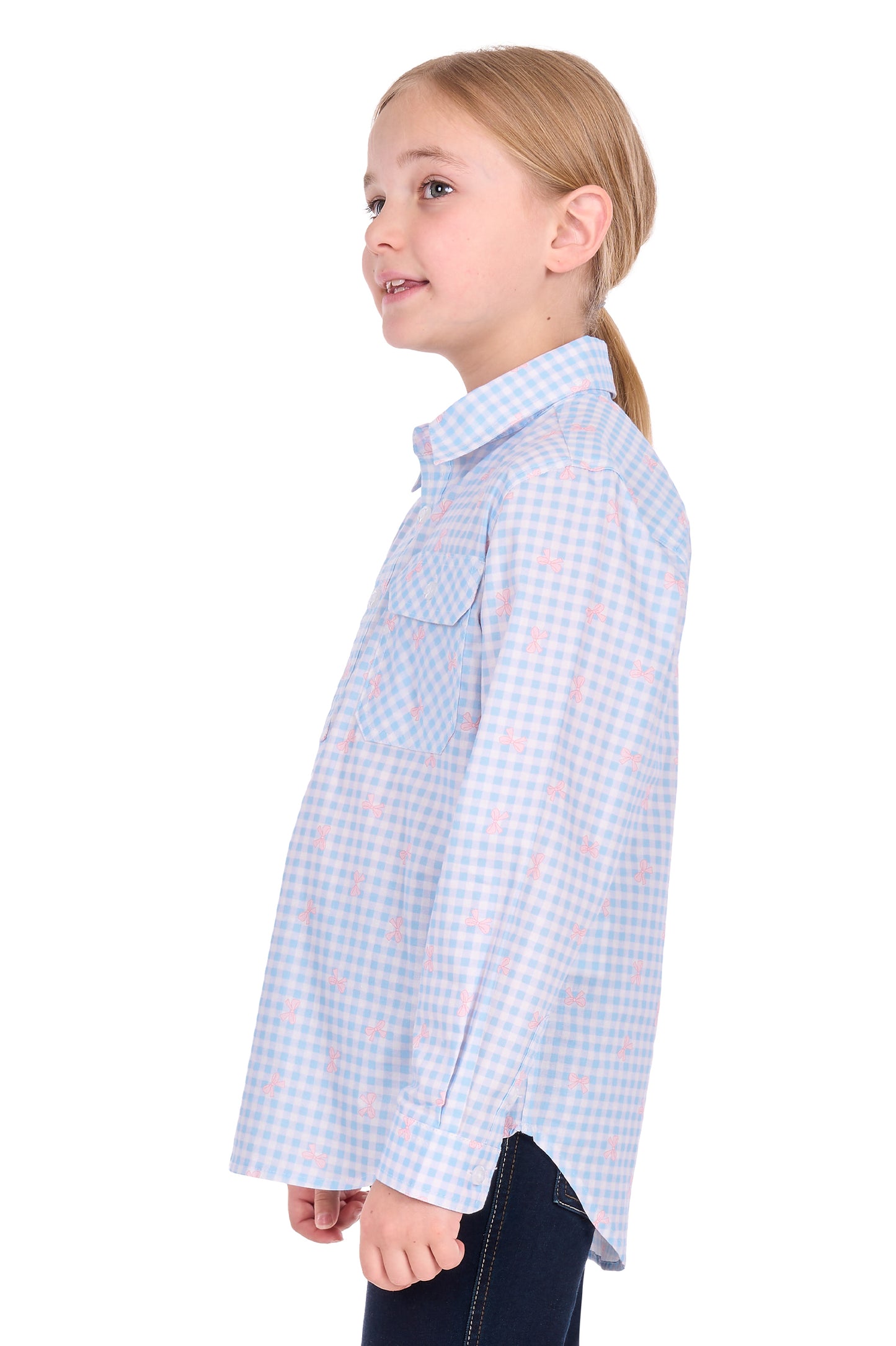 H6S7101156 Hard Slog Kid's Lillia 1/2 PLKT LS Shirt Pale Blue/Pink