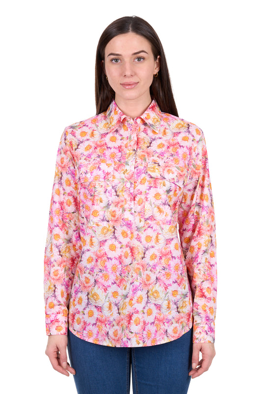 H6W2101173 Hard Slog Women's Samira 1/2 PLKT LS Shirt Pink/Yellow