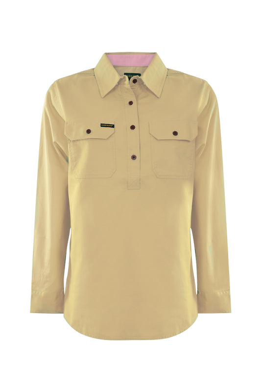 HCP2105002 Hard Slog Women's Light Cotton LS Shirt 1/2 Button Yellow