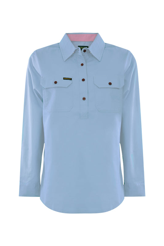 HCP2105002 Hard Slog Women's Light Cotton LS Shirt 1/2 Button Pale Blue