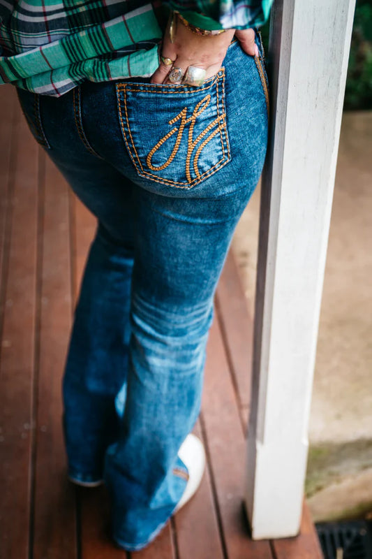 SR2161 Hitchley & Harrow Women's Comfort Cut High Rise Greeley Tan Jean 35Leg