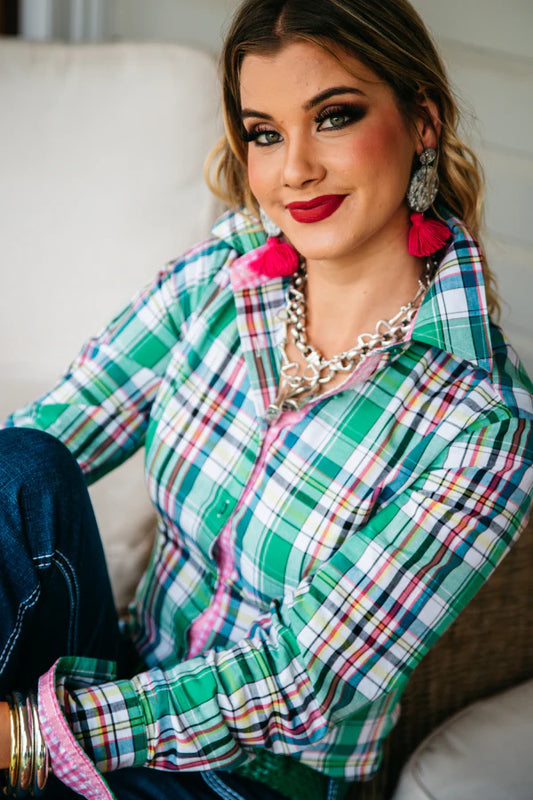 RR01-37 Hitchley & Harrow Women's Green & Pink Check Shirt