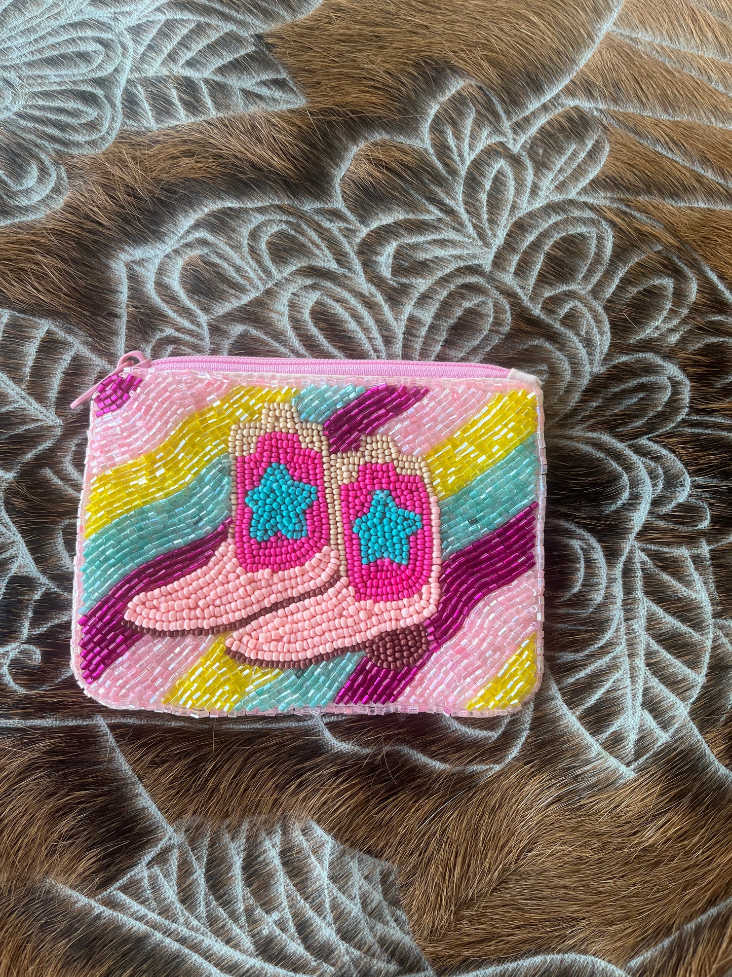 60-0190 USA Pink Beaded Boots Coin Purse