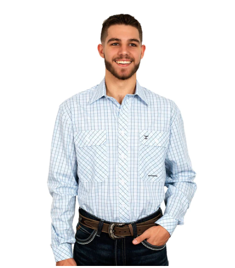 MWLS2366 Just Country Mns Austin Full Button Check Work Shirt Light Blue