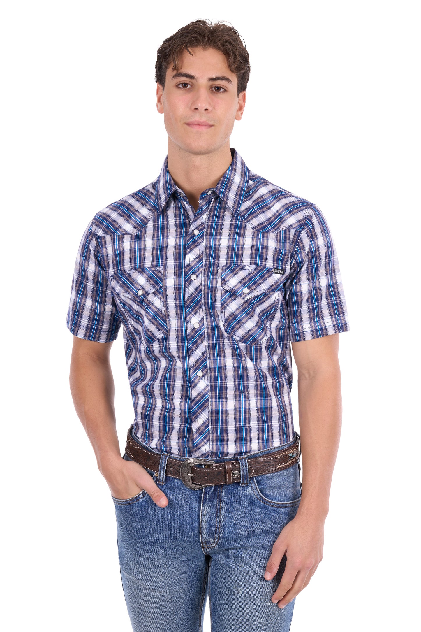 P6S1102305 Pure Western Men's Larry SS Shirt Navy/Blue
