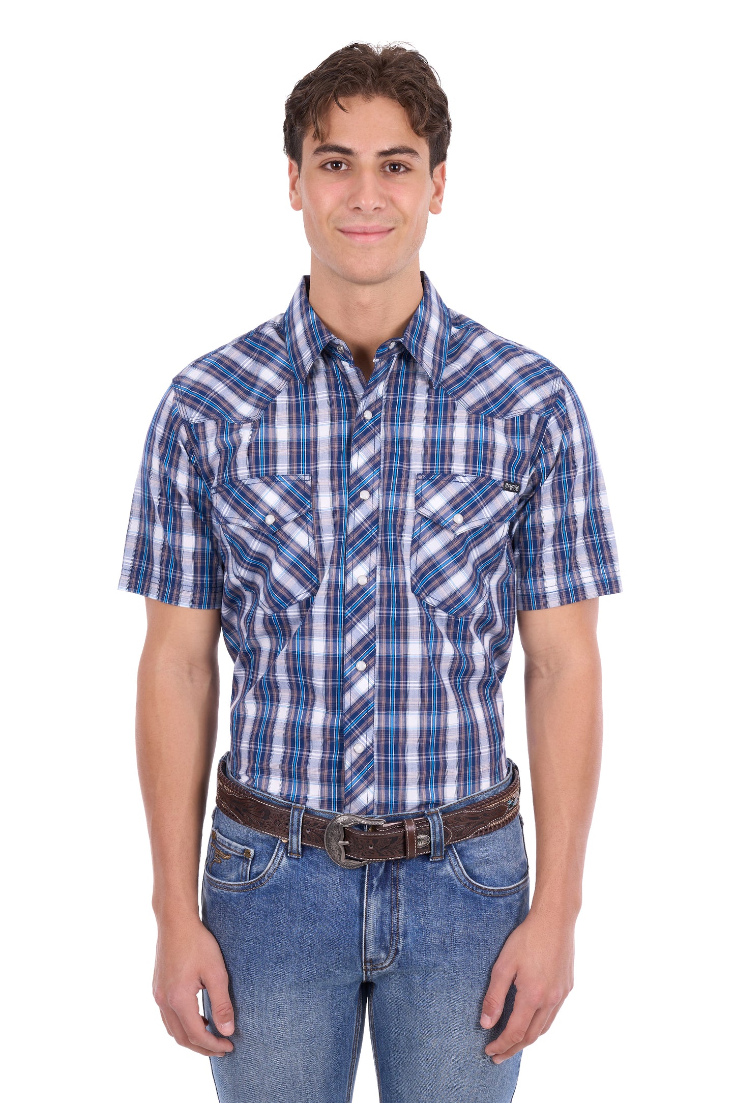 P6S1102305 Pure Western Men's Larry SS Shirt Navy/Blue