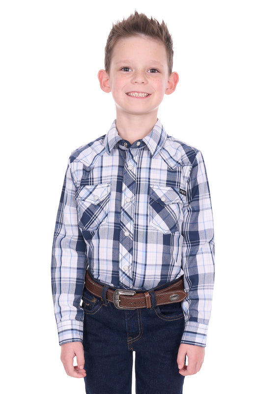 P6W3100160 Pure Western Boy's Billy LS Shirt Navy/White