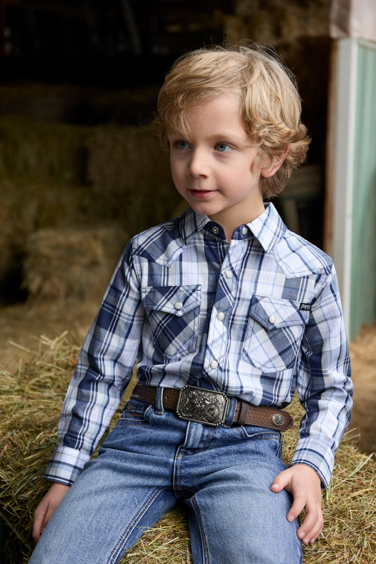 P6W3100160 Pure Western Boy's Billy LS Shirt Navy/White