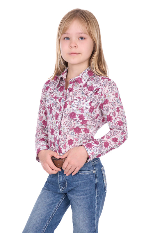 P6W5127201 Pure Western Girl's Marsha LS Shirt White/Pink
