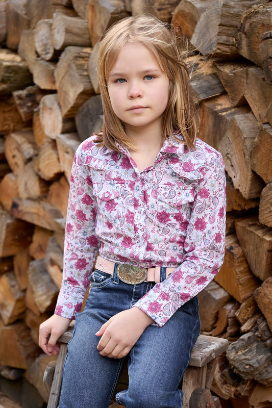 P6W5127201 Pure Western Girl's Marsha LS Shirt White/Pink