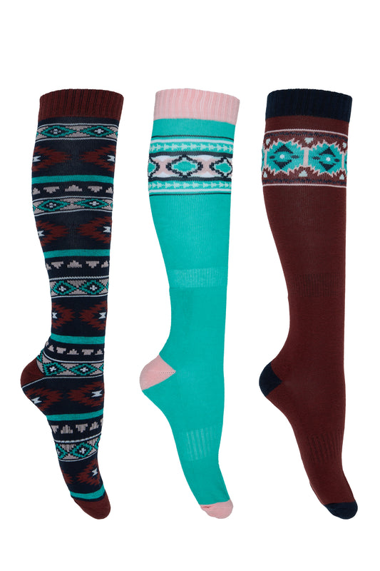 PCP2922SOC Pure Western Riding Socks 3 Pack Turquoise/Rust