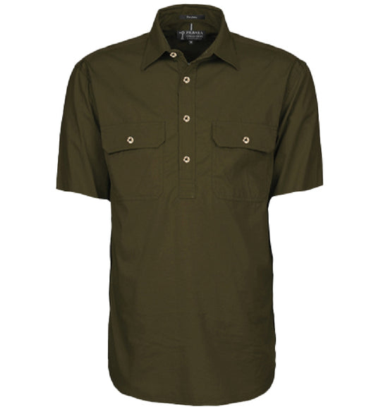 RM200CFS Pilbara Men's Half Button Work Shirt Short Sleeve Olive