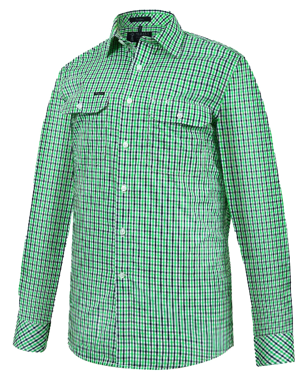 RMPC060.ENW Pilbara Men's L/S Shirt Check Emerald/Navy & White