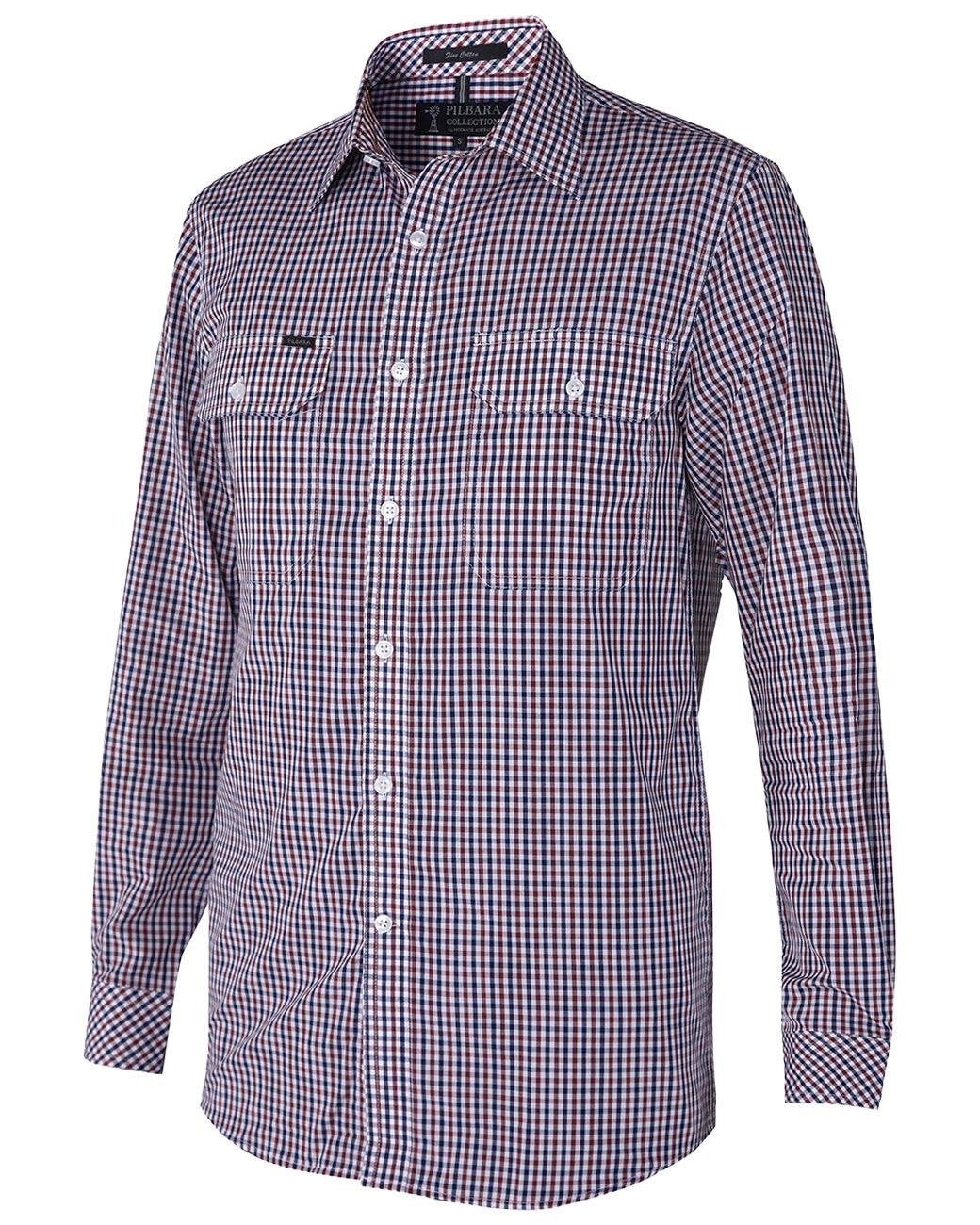 RMPC060.MaroonNW Pilbara Men's L/S Shirt Check Maroon/Navy & White