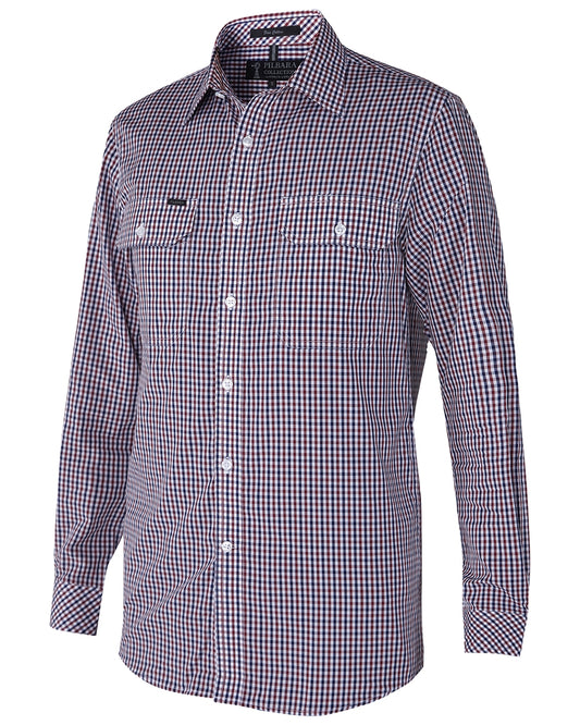 RMPC060.MaroonNW Pilbara Men's L/S Shirt Check Maroon/Navy & White