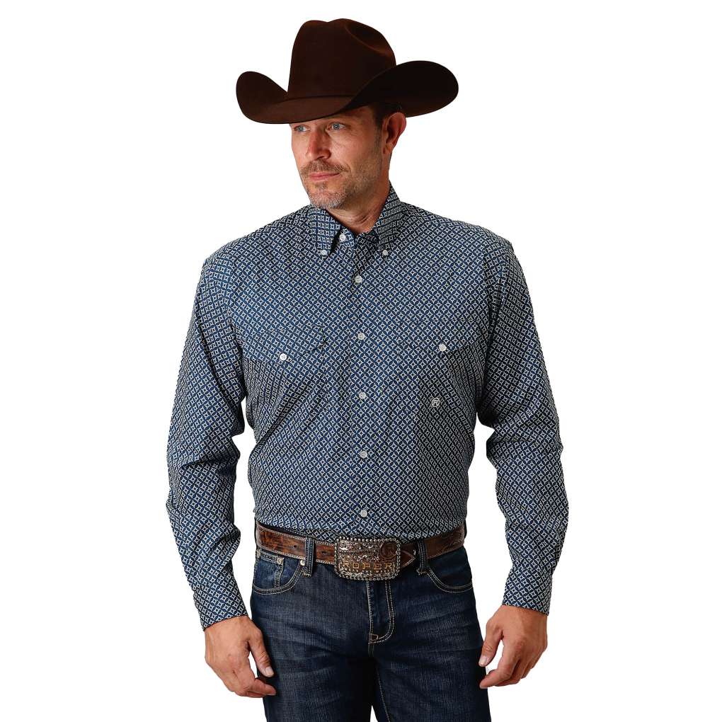 3-01-325-6018 Roper Men's Amarillo Shirt- Navy Diamond print