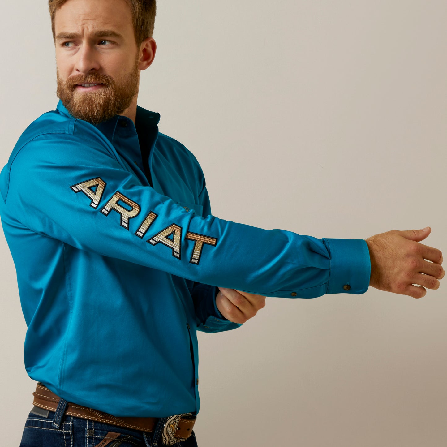 10045026 Ariat Mens Team Logo Twill LS Shirt Deep Turquoise