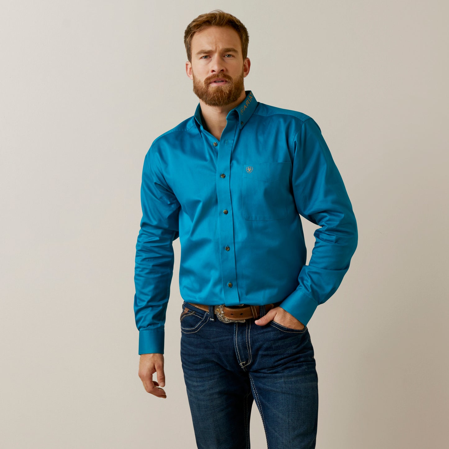 10045026 Ariat Mens Team Logo Twill LS Shirt Deep Turquoise