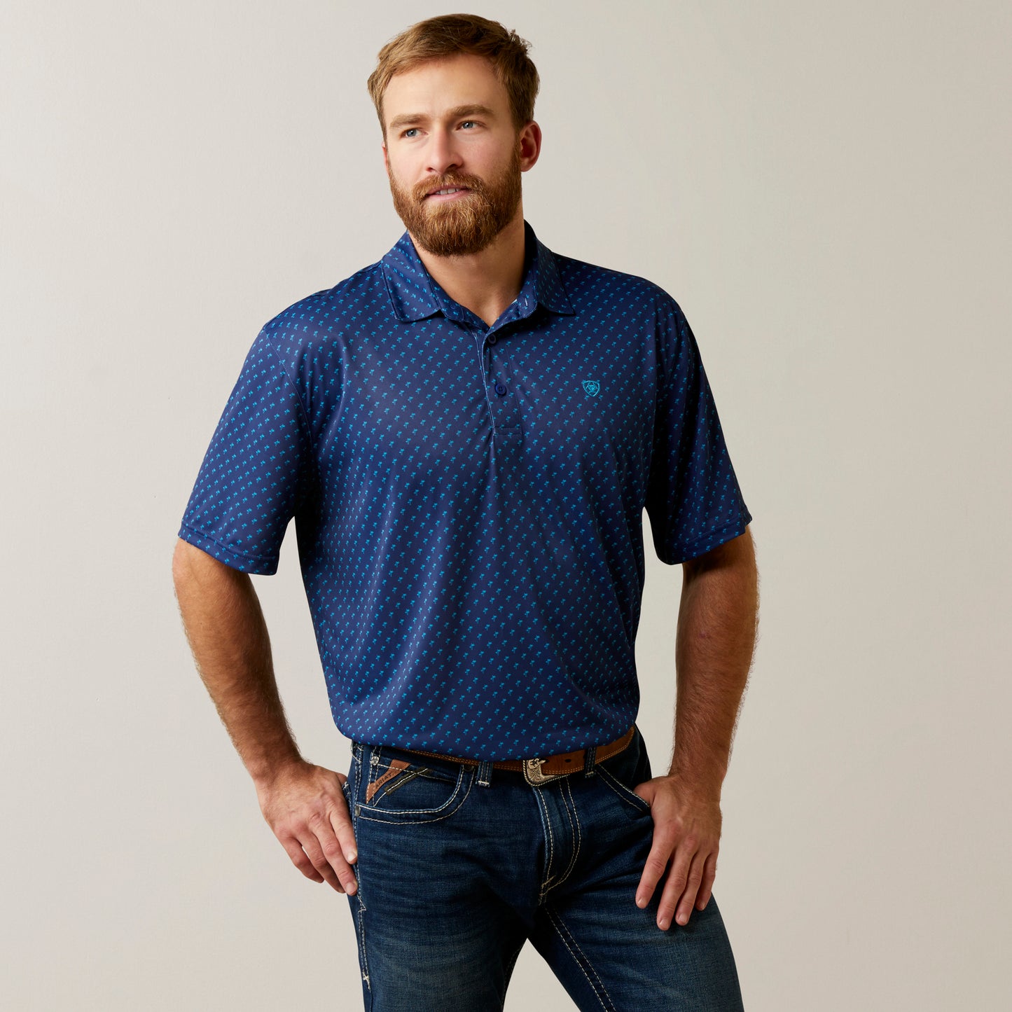 10045028 Ariat Mens All Over Print SS Polo Monaco Blue