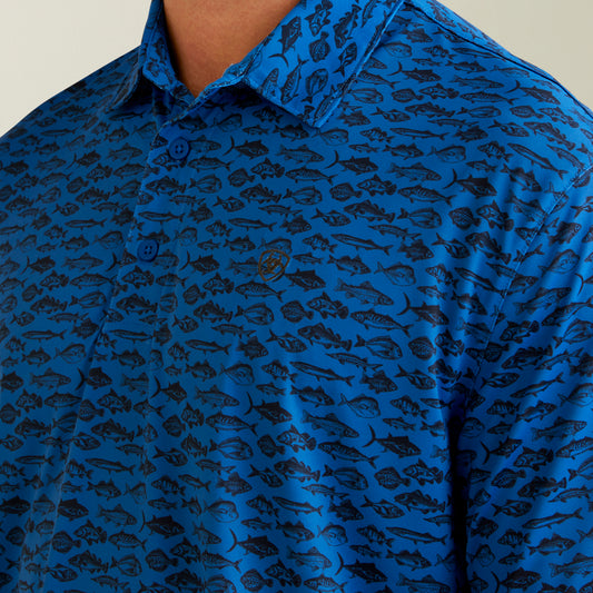 10045030 Ariat Mens All Over Print SS Polo Cendre Blue