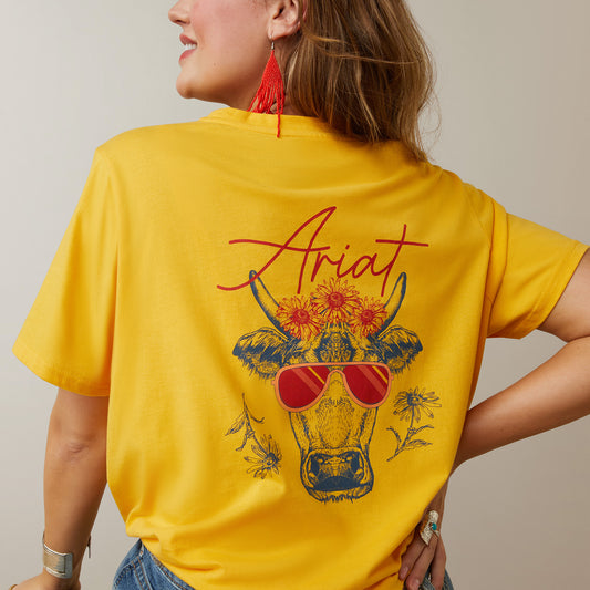 10043812 Ariat Wms Real Cool Cow SS Tee Yolk Yellow
