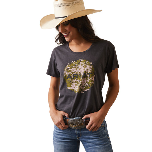 10044605 Ariat Wms Floral Charcoal Heather SS Tee