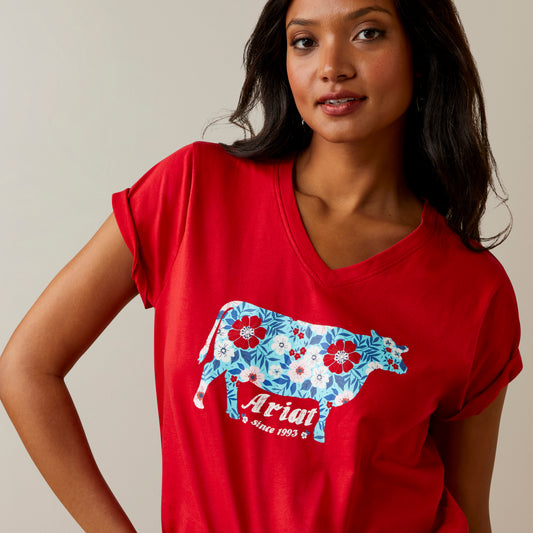 10045086 Ariat Women's Flower Cow SS Tee Equestrian Red