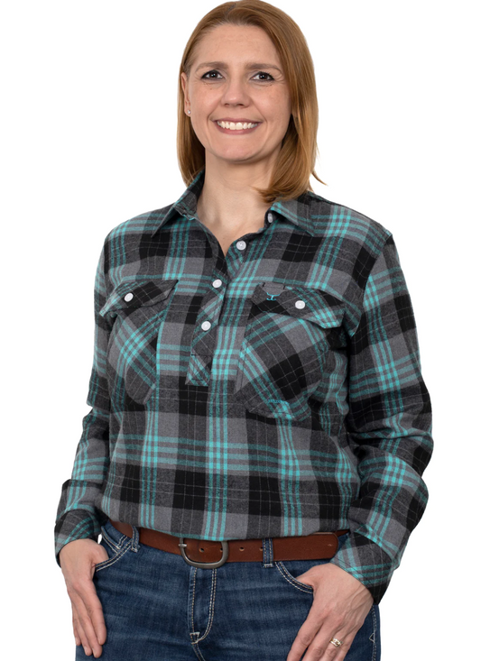 50505235 Just Country Women's Jahna Work shirt Flannel Grey/ Turquoise
