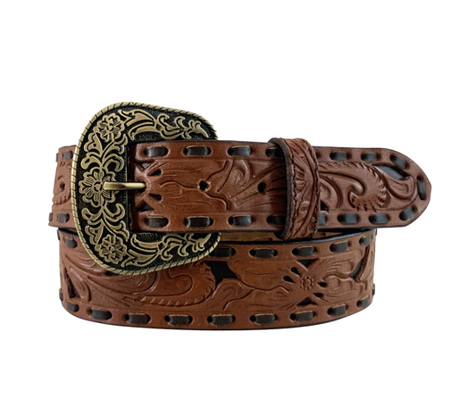 9652300 Roper Women's Belt 1 1/2 Genuine leather Floral embossed with lacing tan