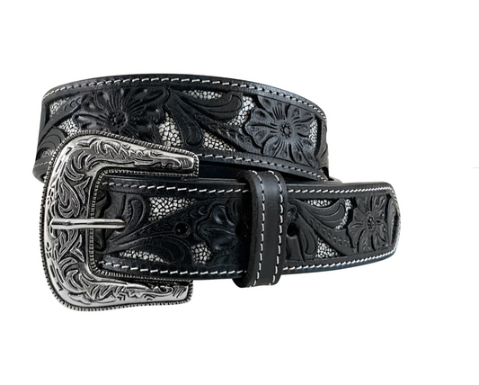 9654300K Roper Women's Belt 1 1/2 Soft Genuine leather with floral cutouts Black