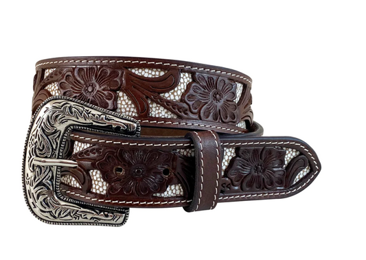 9654300B Roper Women's Belt 1 1/2 Soft Genuine leather with floral cutouts Brown