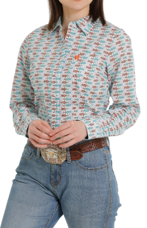 MSW9164201 Cinch Wms White/Orange and Blue Print LS Shirt