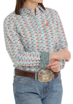 MSW9164201 Cinch Wms White/Orange and Blue Print LS Shirt