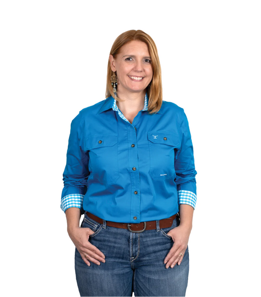 WWLS2381 Just Country Brooke trim full button work shirt Blue jewel/ Blue jewel check