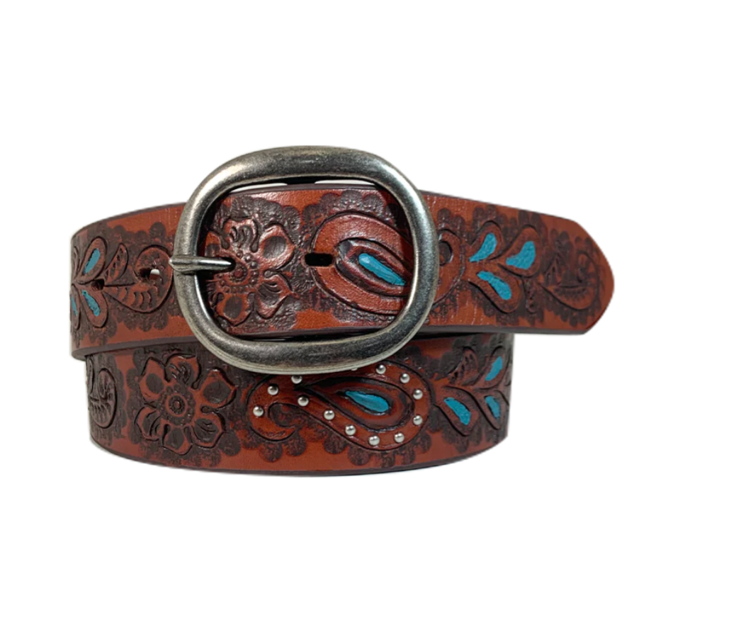 8847790 Roper Wms Belt Paisley Floral Tooled Genuine Leather Brown
