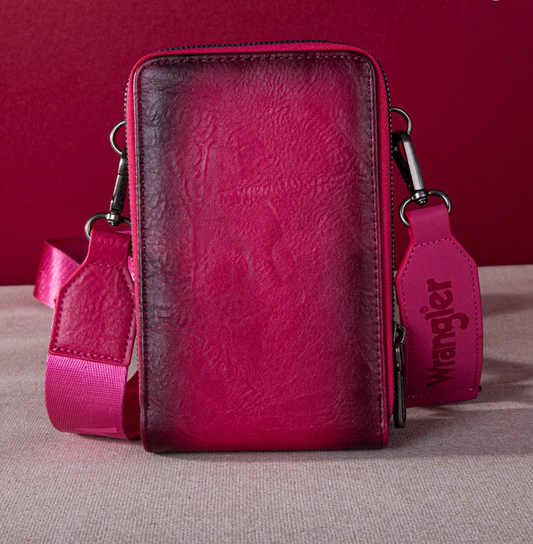 WG117-207 Wrangler Crossbody Cell Phone Purse 3 Zippered Compartment with Coin Pouch - Hot pink
